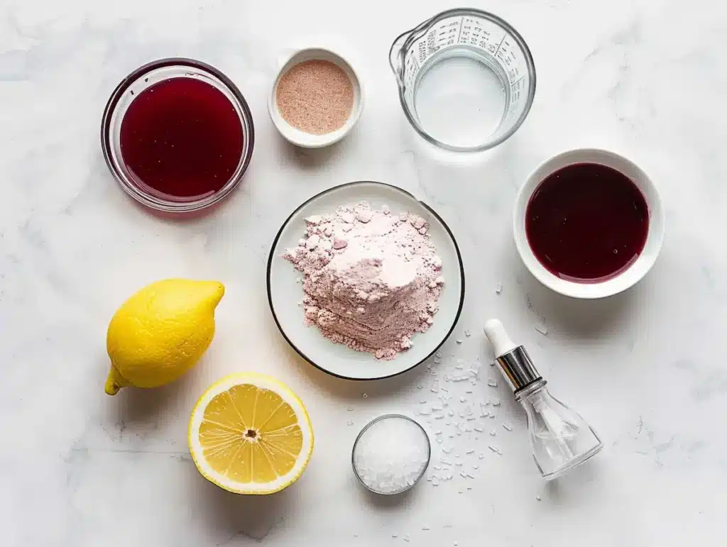 dr-oz-pink-gelatin-recipe-ingredients dr oz pink gelatin recipe ingredients laid flat on a white surface including gelatin powder cranberry juice and lemon