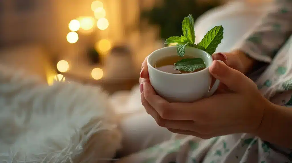 Woman drinking peppermint tea before bed as part of nighttime routine