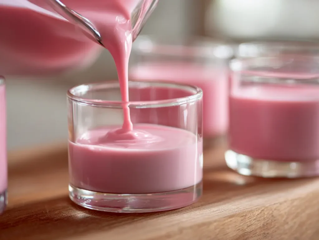 pouring fluffy jello recipe greek yogurt mixture into glass serving cups before refrigerating