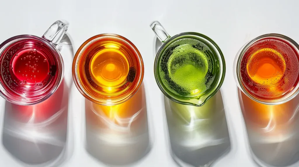 gelatin diet recipe showing four flavor variations tested red pink orange and green in clear glass cups