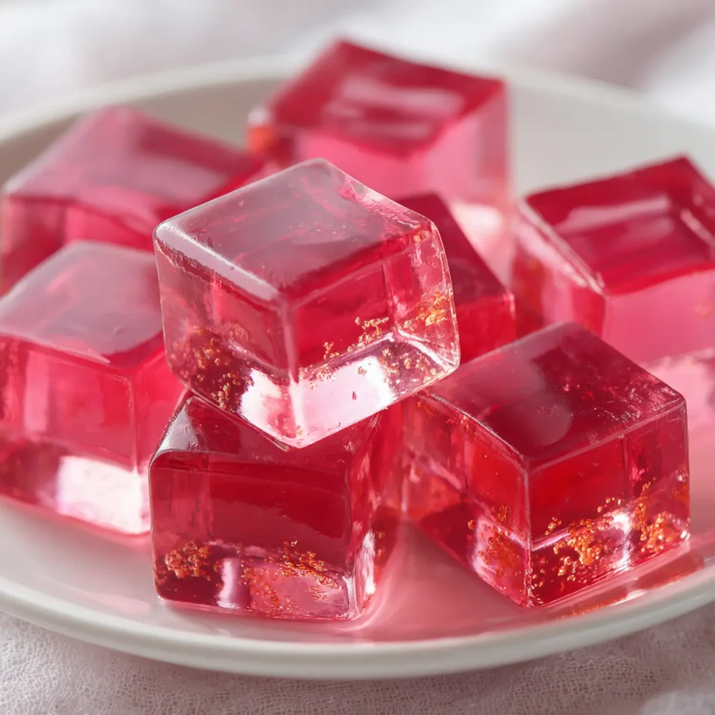 Gelatin recipe for weight loss shown as perfectly set pink gelatin cubes on white plate