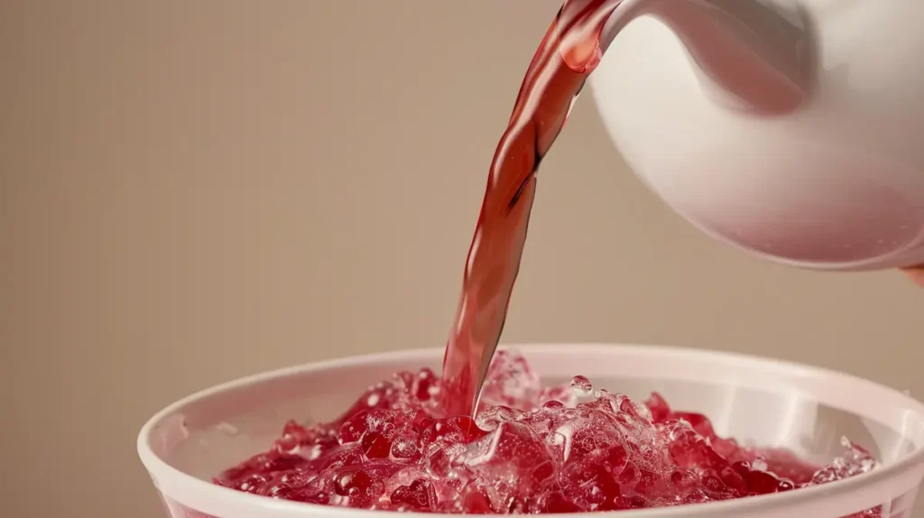 gelatin trick recipe pouring hot berry tea into bloomed gelatin showing dissolving process for weight loss snack