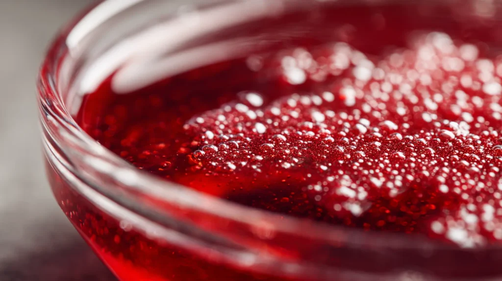 Gelatin weight loss trick recipe showing blooming process with gelatin powder absorbing cranberry juice in glass bowl