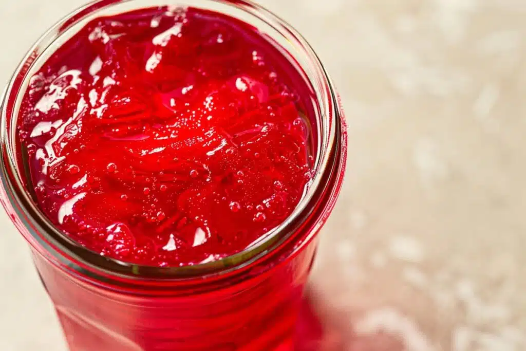 high protein gelatin snack with firm bouncy texture showing finished rebel wilson recipe in clear jar