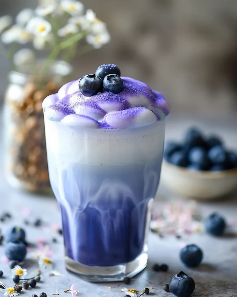 Iced butterfly pea tea with ice cubes, refreshing cold blue herbal tea