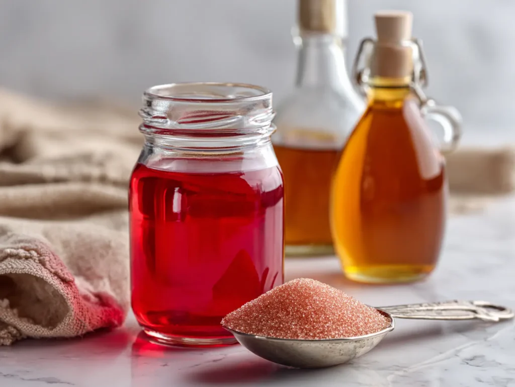 Jillian Michaels gelatin recipe ingredients including unflavored gelatin powder, cranberry juice and apple cider vinegar on kitchen counter