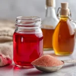 Jillian Michaels gelatin recipe ingredients including unflavored gelatin powder, cranberry juice and apple cider vinegar on kitchen counter