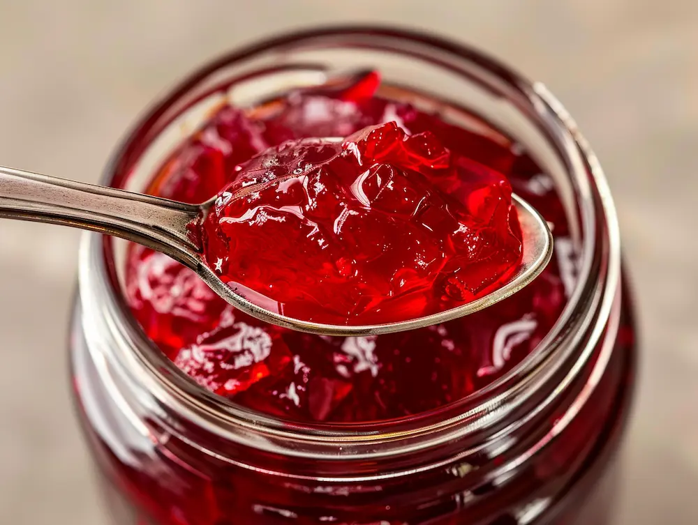 keto gelatin snack showing single serving portion with spoon demonstrating 62 calorie serving size