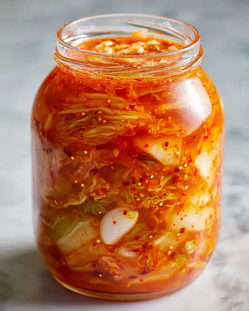 kimchi-for-weight-loss-fermented-jar well-fermented kimchi for weight loss in open glass jar showing probiotic culture