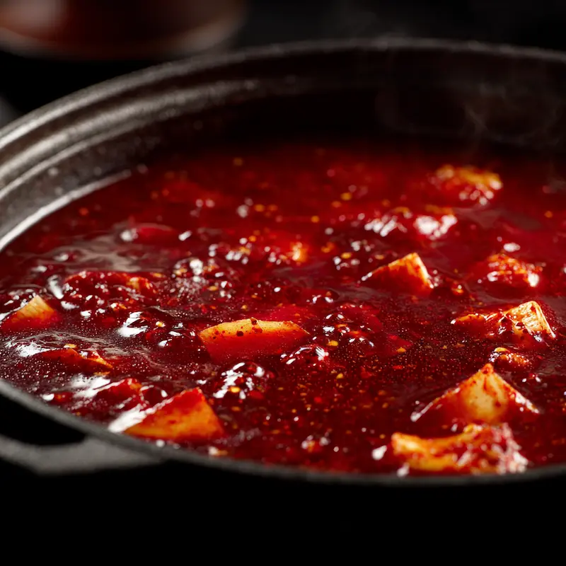 kimchi-soup-recipe-boiling-pot kimchi soup recipe for weight loss simmering in black pot with red broth