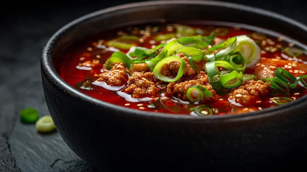 kimchi-turkey-soup-weight-loss kimchi turkey soup for weight loss in dark bowl with ground turkey and red broth