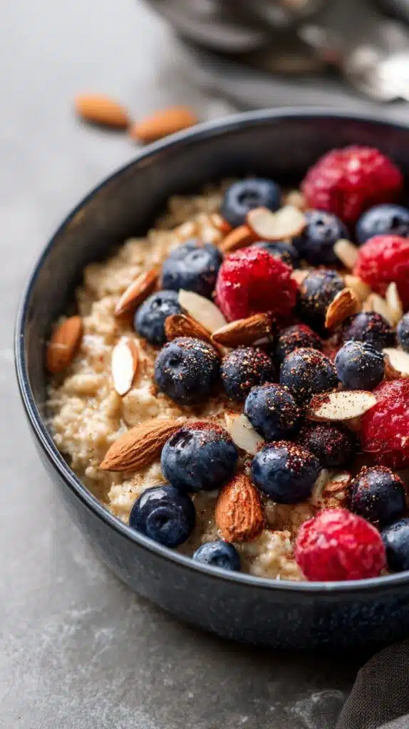 foods to lower blood sugar steel-cut oatmeal topped with berries almonds and cinnamon