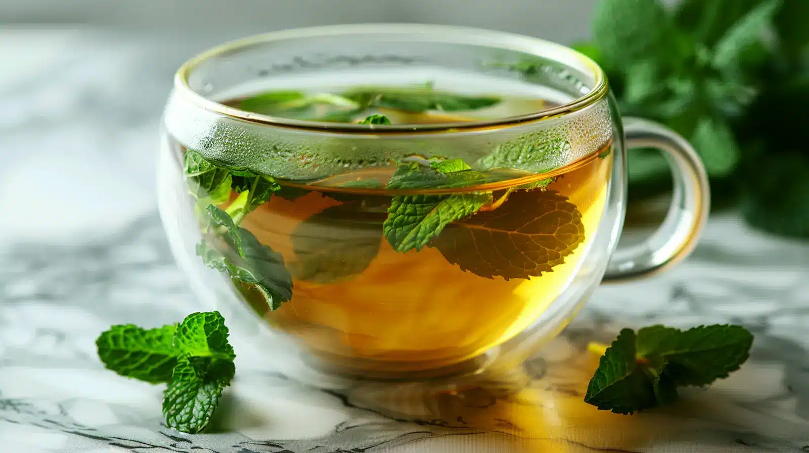 Peppermint tea before bed in clear glass cup with fresh mint leaves floating