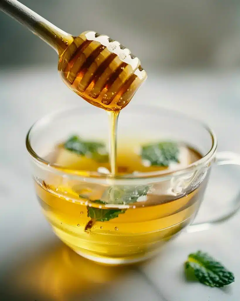 Adding honey to peppermint tea before bed for natural sweetness