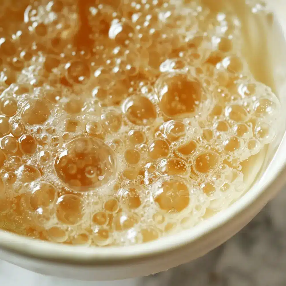 pink-gelatin-recipe-blooming-gelatin-cold-water unflavored gelatin powder blooming in cold water in a small white bowl for pink gelatin recipe