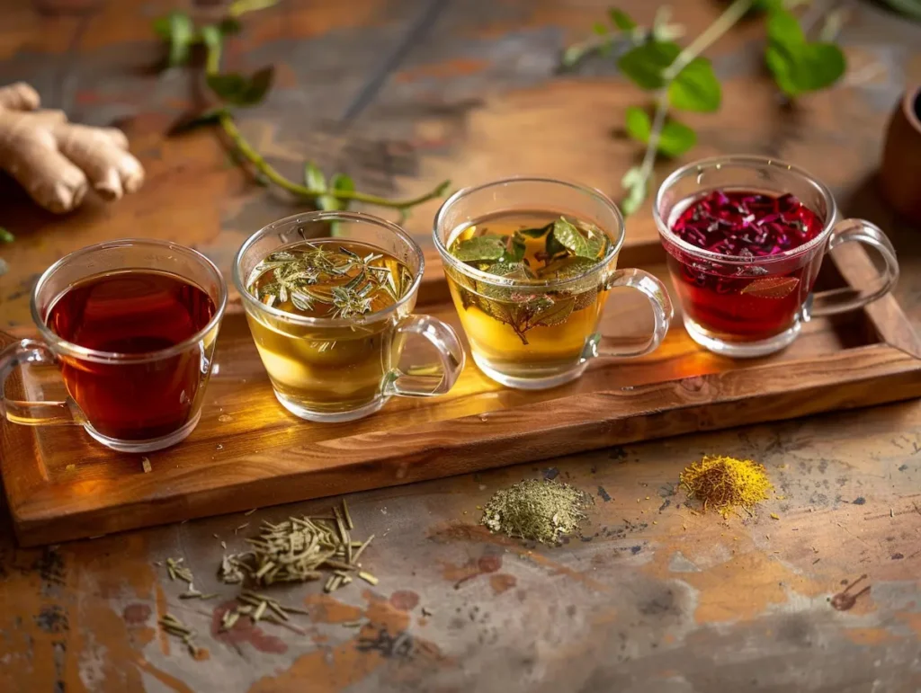 pink-gelatin-recipe-herbal-tea-base-options four herbal teas for pink gelatin recipe hibiscus ginger chamomile green tea in glass cups