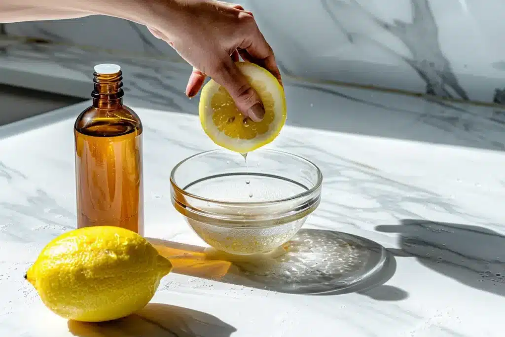 pink-gelatin-recipe-lemon-juice-digestion-ingredient fresh lemon juice squeezed into a small bowl beside apple cider vinegar for pink gelatin recipe digestion support