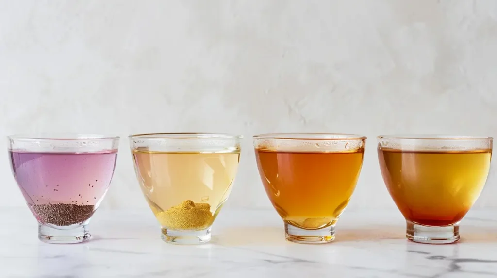 pink-gelatin-recipe-variations-chia-bariatric-butterfly-pea four variations of the pink gelatin recipe including chia jello bariatric version and butterfly pea tea version in glasses