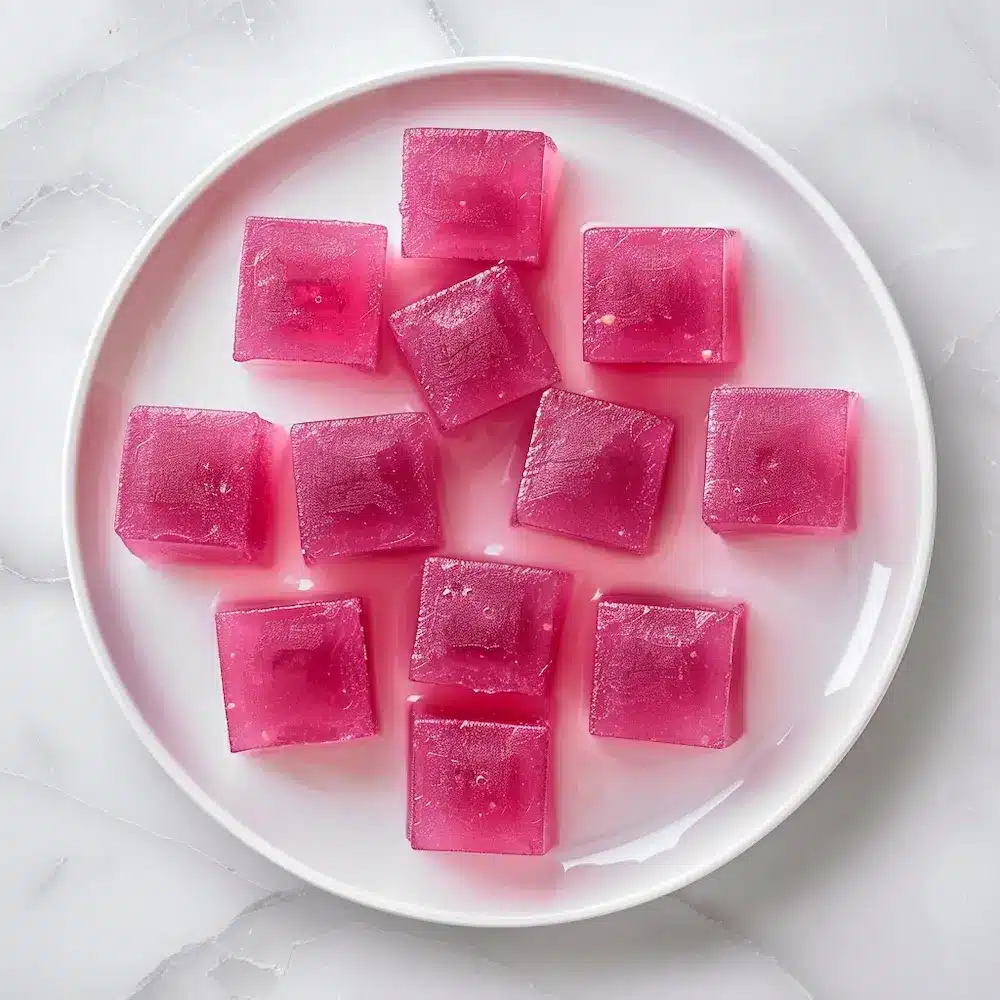 pink-gelatin-weight-loss-recipe-cubes-meal-prep pink gelatin weight loss recipe cut into cubes on a white plate for weekly meal prep