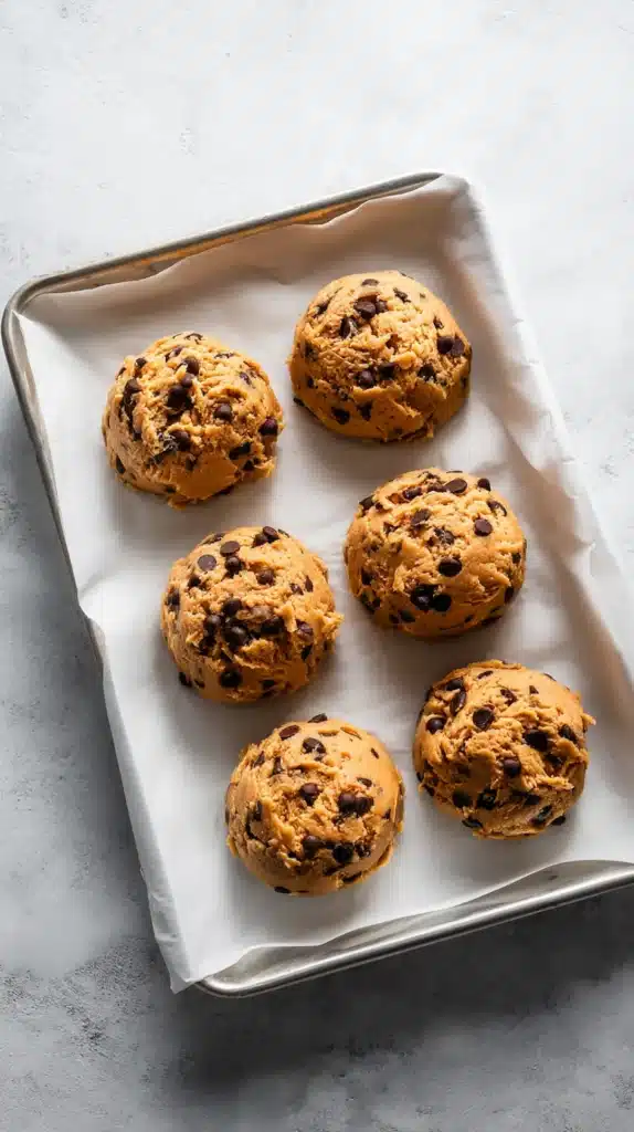 pookies-recipe-raw-batter-scooped-parchment pookies recipe raw batter scooped on parchment paper ready to bake