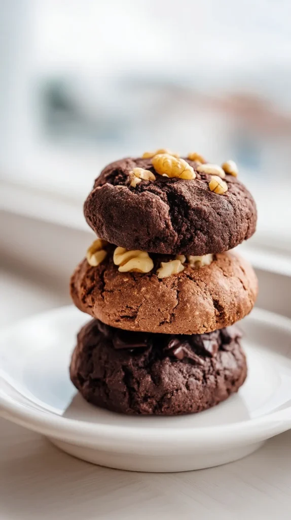 pookies-recipe-variations-three-types-plate pookies recipe three variations classic double chocolate and nut topped on white plate