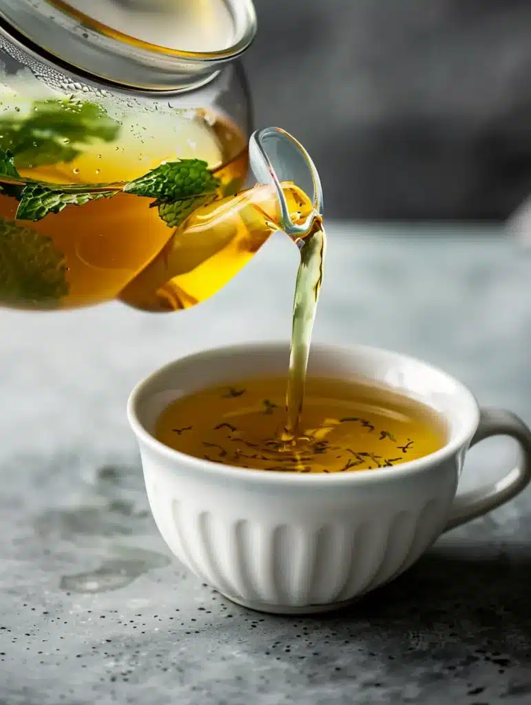 Pouring freshly brewed peppermint tea before bed into white ceramic cup