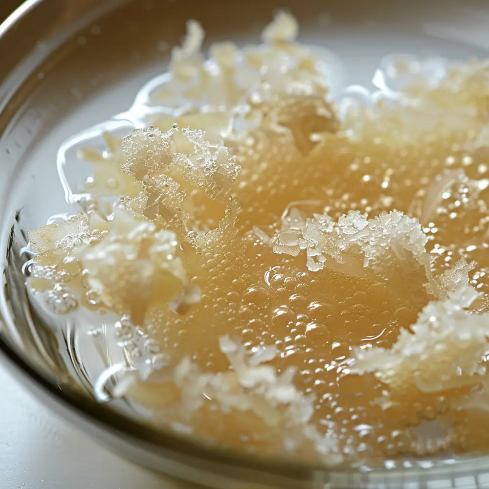 rebel wilson gelatin recipe blooming gelatin powder in cold water showing spongy texture before dissolving