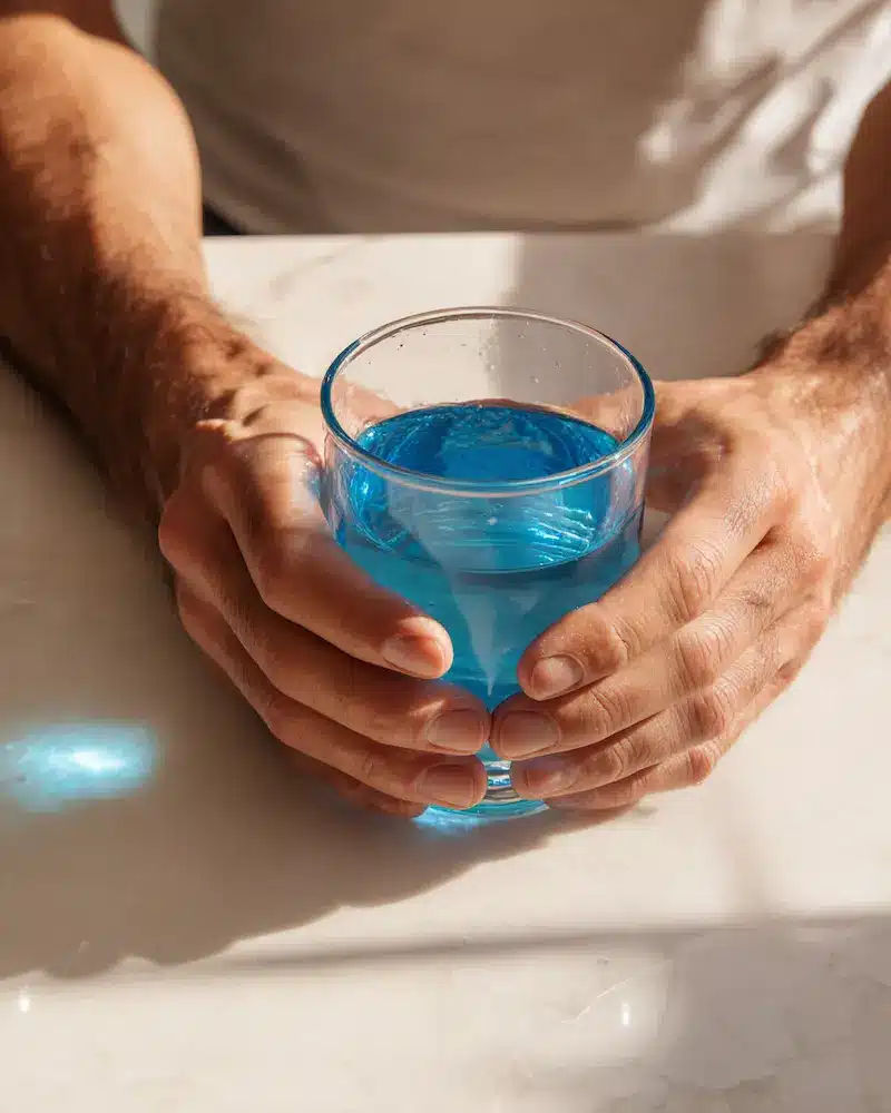 salt-trick-for-men-morning-routine Man holding blue salt elixir glass as part of a morning wellness routine