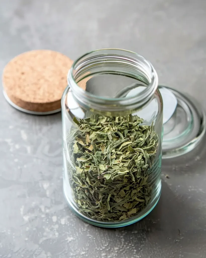 Proper storage of peppermint tea in airtight glass jar to maintain freshness