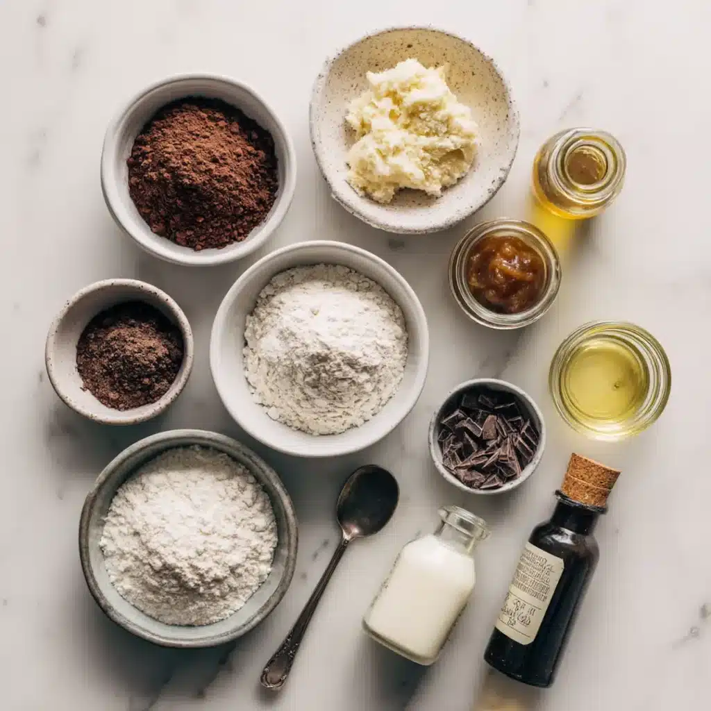 vegan chocolate cake ingredients on white marble including cocoa powder applesauce oat milk oil and flour