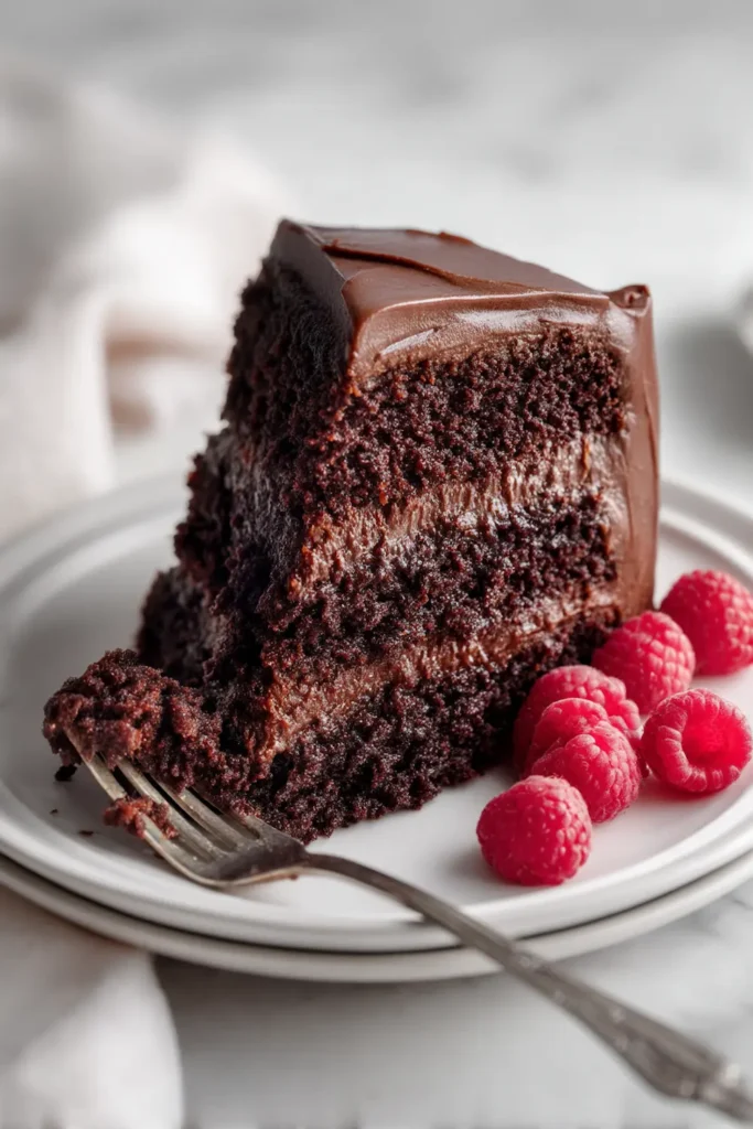 moist vegan chocolate cake slice on white plate with fork and fresh raspberries dairy-free