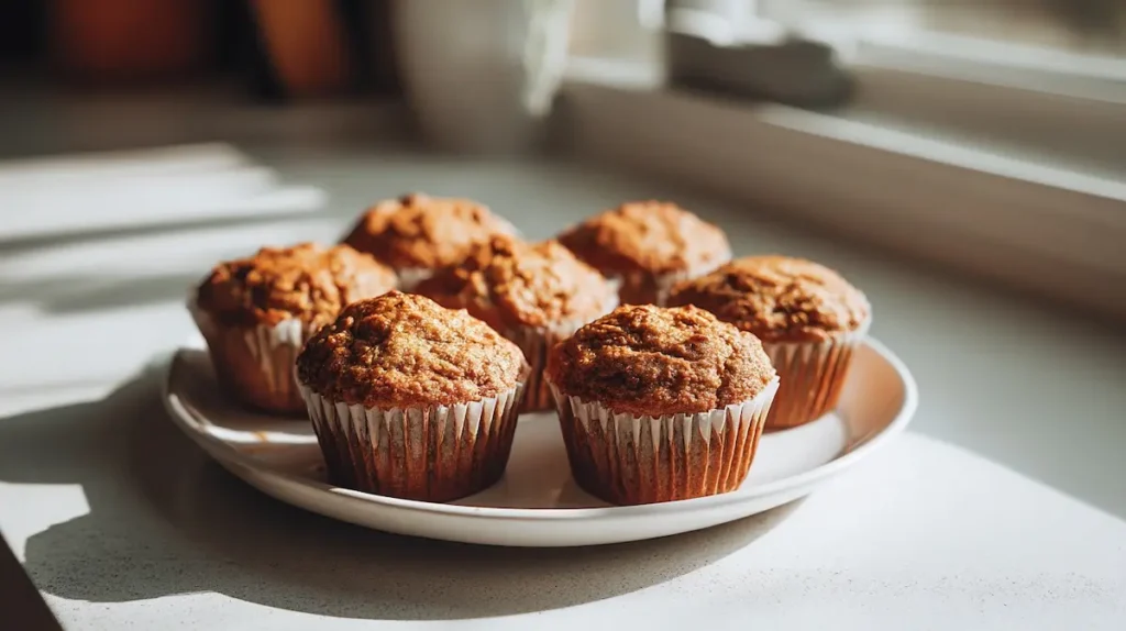 Six golden 3 ingredient banana muffins on white plate