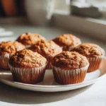 Six golden 3 ingredient banana muffins on white plate