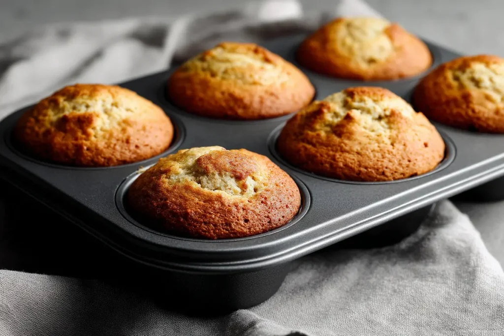 3-ingredient-banana-muffins-baked Freshly baked golden 3 ingredient banana muffins in muffin tin