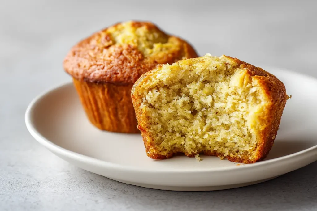 3-ingredient-banana-muffins-inside 3 ingredient banana muffin torn open showing soft golden interior