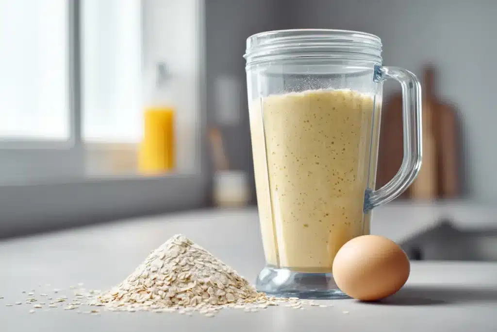 3-ingredient-banana-muffins-step2 Banana oat batter in blender with egg and oats for 3 ingredient banana muffins