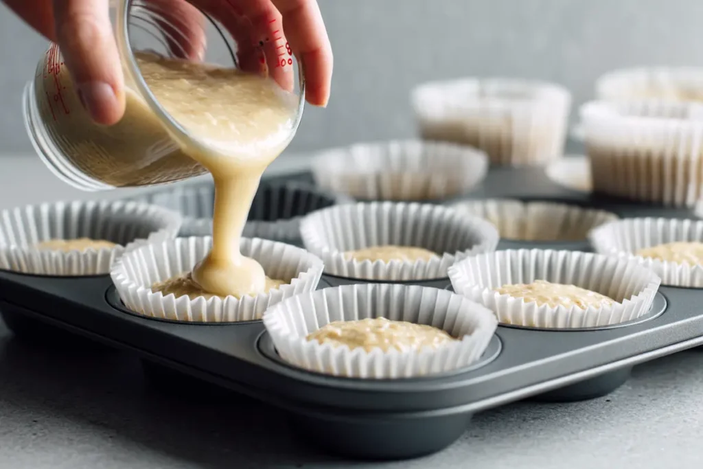 3-ingredient-banana-muffins-step3 Pouring banana oat batter into muffin tin for 3 ingredient banana muffins