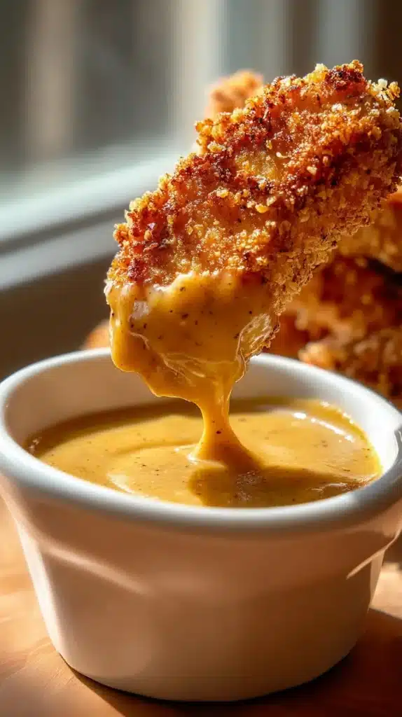 3-ingredient-honey-mustard-chicken-tenders-dipping-close-up 3 ingredient honey mustard sauce with crispy chicken tenders dipping close-up