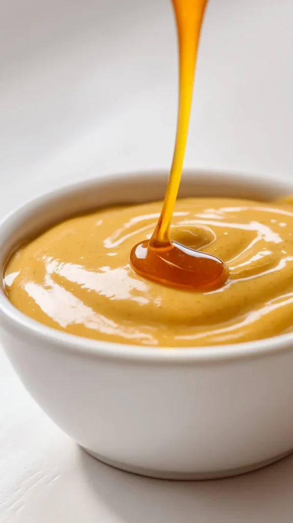 3-ingredient-honey-mustard-final-hero-beauty-shot-bowl-dijon 3 ingredient honey mustard sauce final hero shot white bowl warm light