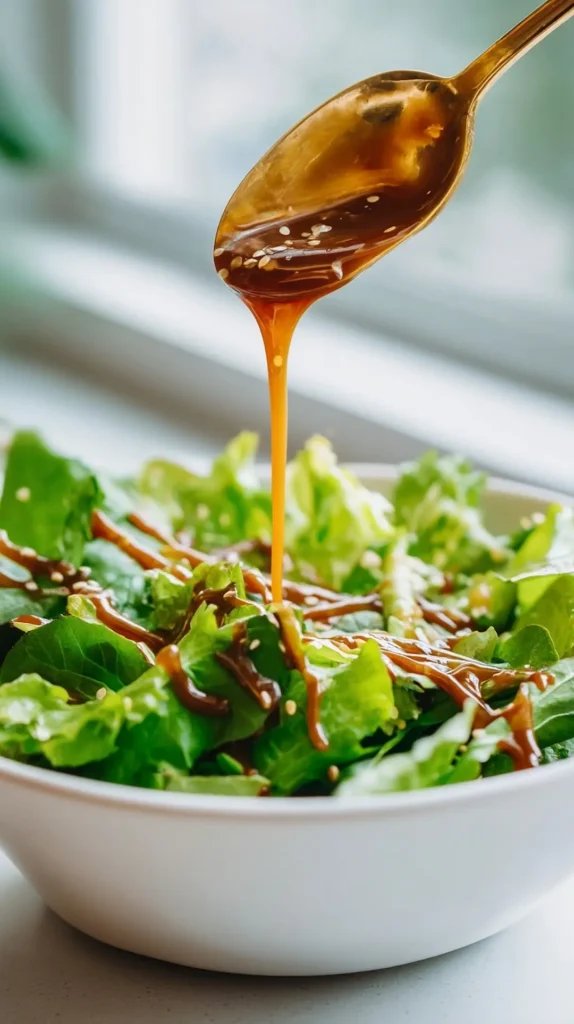 3-ingredient-honey-mustard-salad-dressing-drizzle-greens 3 ingredient honey mustard dressing drizzled over green salad close-up