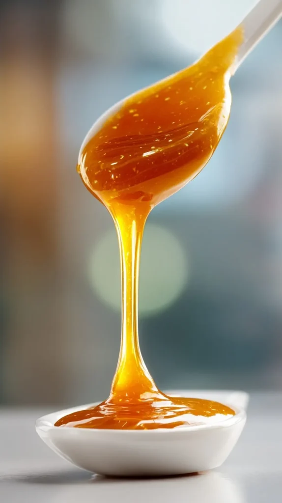 3-ingredient-honey-mustard-sauce-spoon-thick-texture-close-up 3 ingredient honey mustard sauce thick texture on spoon close-up