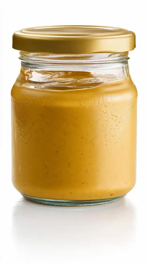 3-ingredient-honey-mustard-storage-glass-jar-refrigerator 3 ingredient honey mustard sauce stored in glass jar close-up
