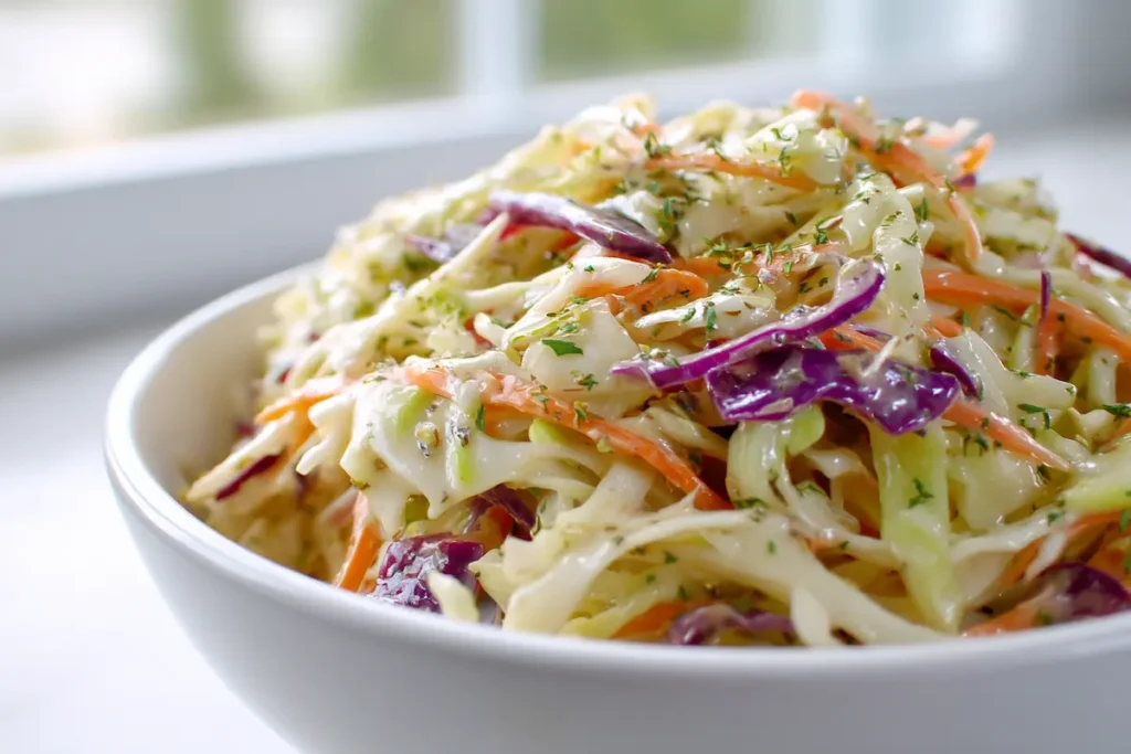 Creamy apple cider vinegar coleslaw dressing on shredded cabbage in a white bowl.