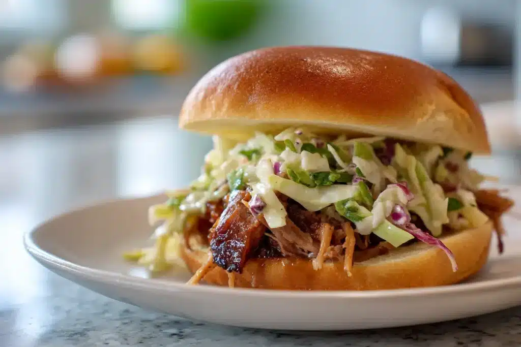 Barbecue plate with meat, bun and apple cider vinegar coleslaw dressed cabbage.