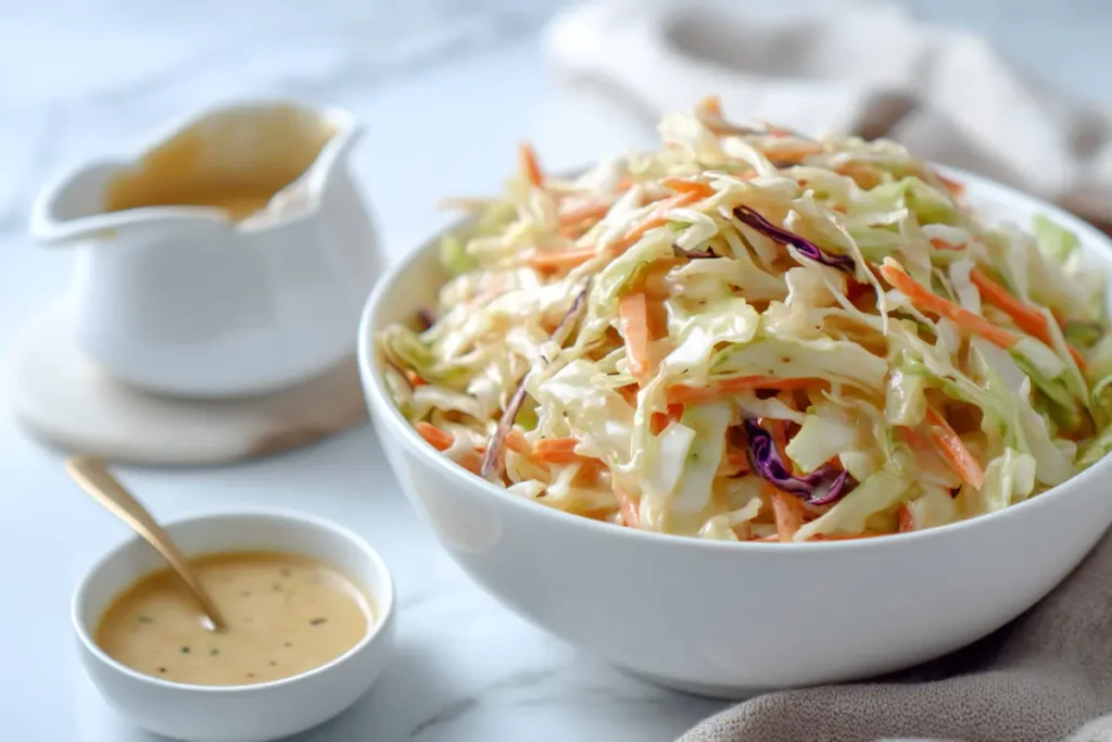 Bowl of apple cider vinegar coleslaw next to small dish of dressing.