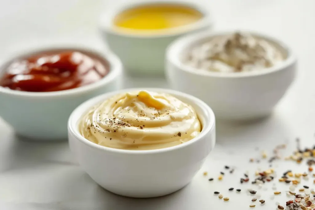 Ingredients for apple cider vinegar coleslaw dressing arranged on a white counter.