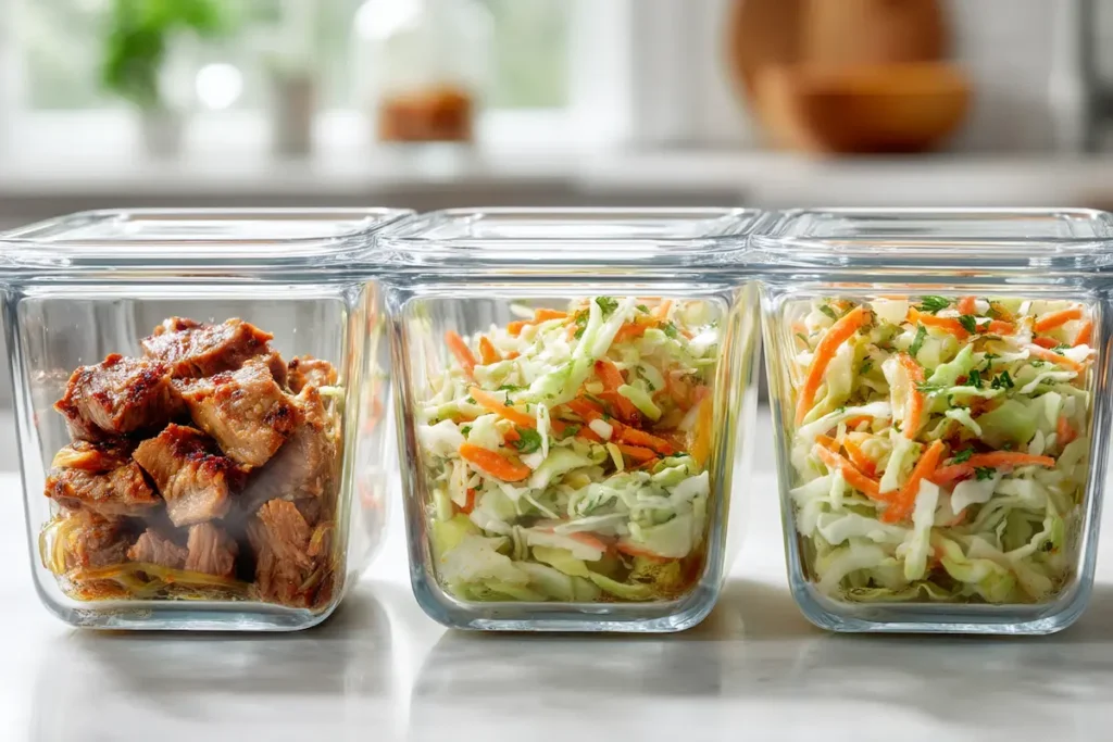 Meal prep containers with grilled meat and apple cider vinegar coleslaw dressing.