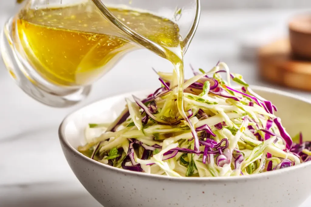 Apple cider vinegar coleslaw dressing pouring over shredded cabbage in a white bowl.