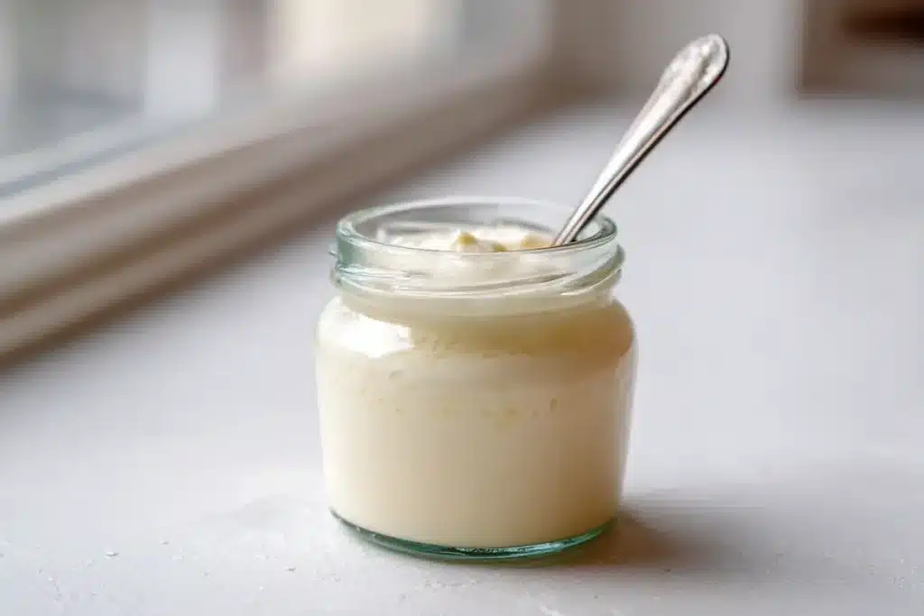 Glass jar filled with apple cider vinegar coleslaw dressing on a white counter.
