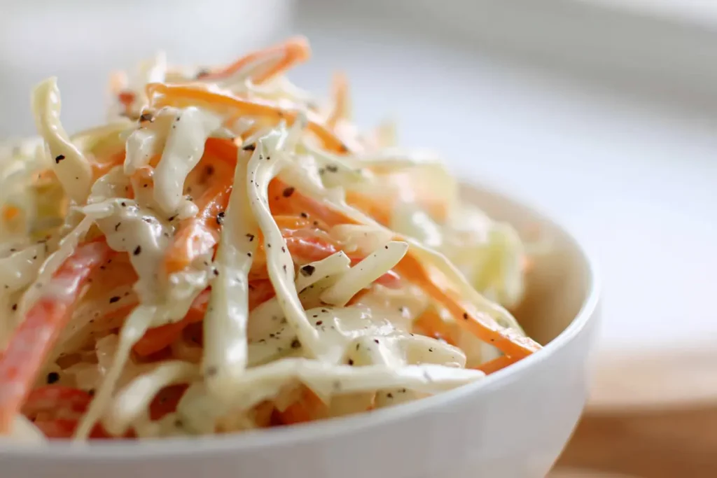 Close-up texture of cabbage coated in apple cider vinegar coleslaw dressing.